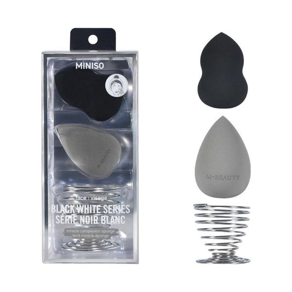 Classic Black White Series Waterdrop & Gourd-Shaped Beauty Sponge Set with Metal Holder