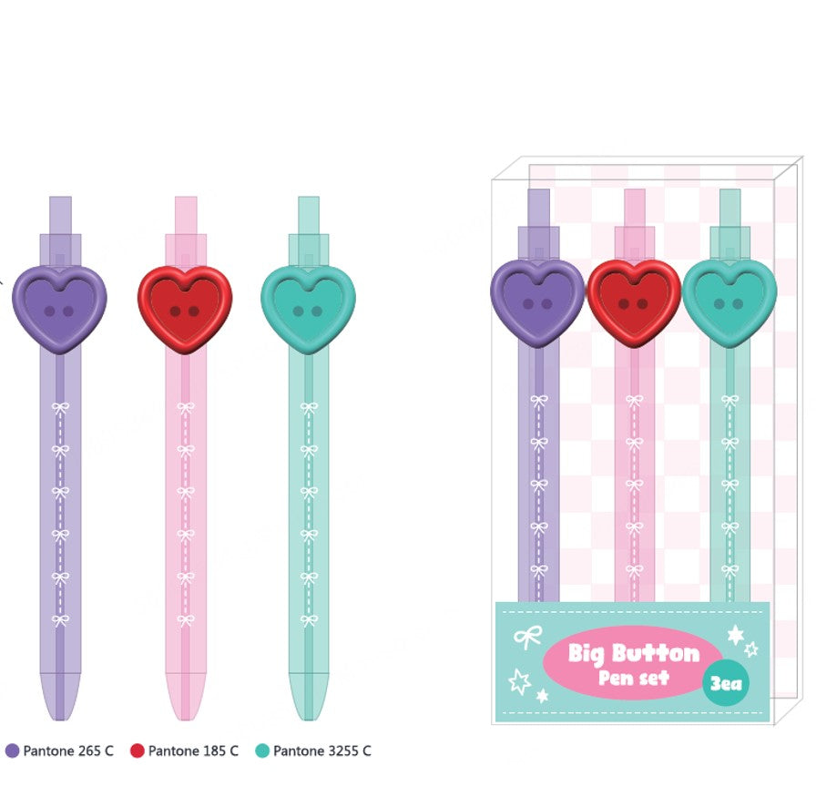 Big Button Series Heart Button Plastic Ballpoint Pen Set (3 Pack) (1.0mm, Black)