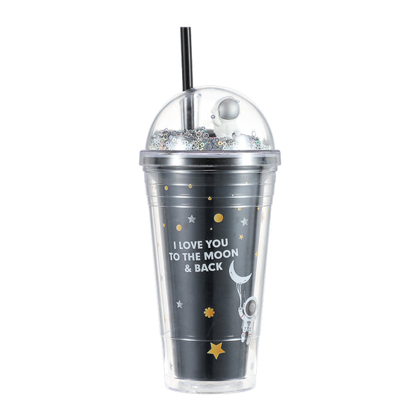 Star Series Double-layer Plastic Bottle with Straw 420ml (Black)