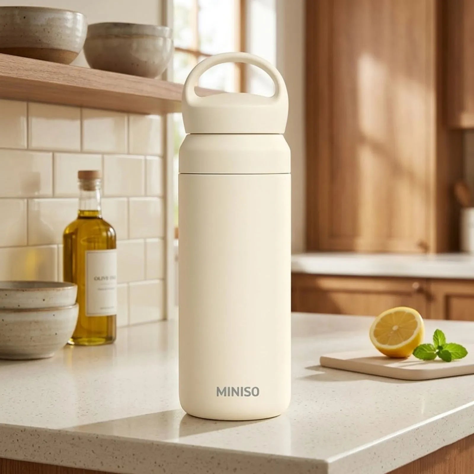 Solid Color Insulated Bottle with Handle 500 mL(Beige) Solid Color Insulated Bottle with Handle 500 mL(Beige)