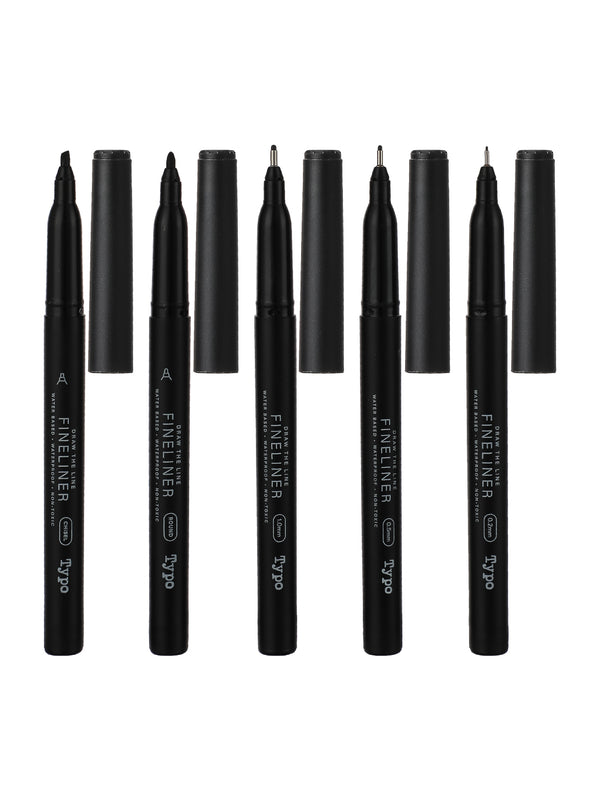 5 Black Fineliners Set (Round, 1.0mm, Chisel, 0.5mm, 0.2mm)