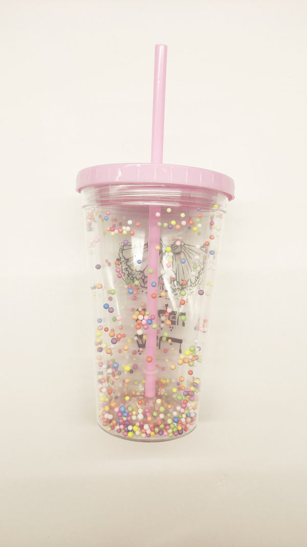 Double-Layered Plastic Straw Water Bottle with Decorations, 450mL