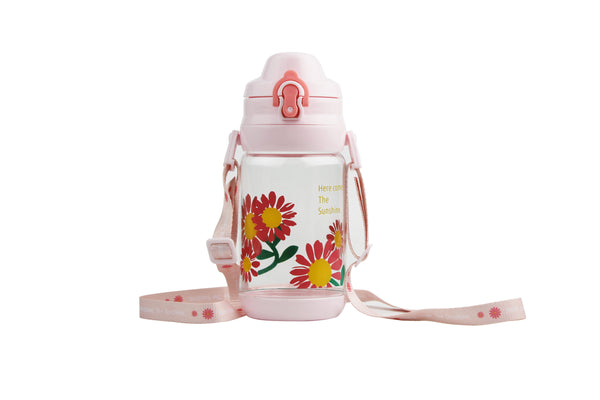 Sunrise Sunflowers Plastic Water Bottle with Shoulder Strap, 520mL(Pink)