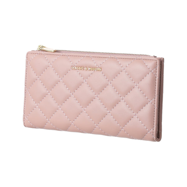 Women's Long Diamond Lattice Pattern Quilted Wallet with Golden Letters(Pink)