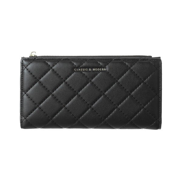 Women's Long Diamond Lattice Pattern Quilted Wallet with Golden Letters(Black)