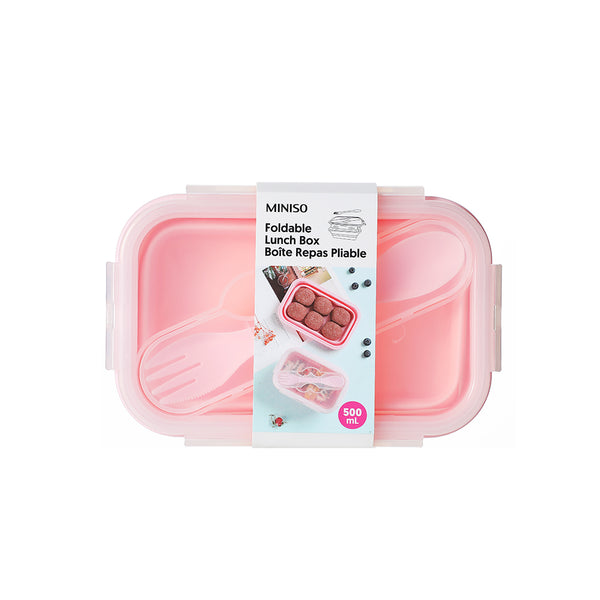 Foldable Silicone Lunch Box with Spoon (500mL)(Pink)