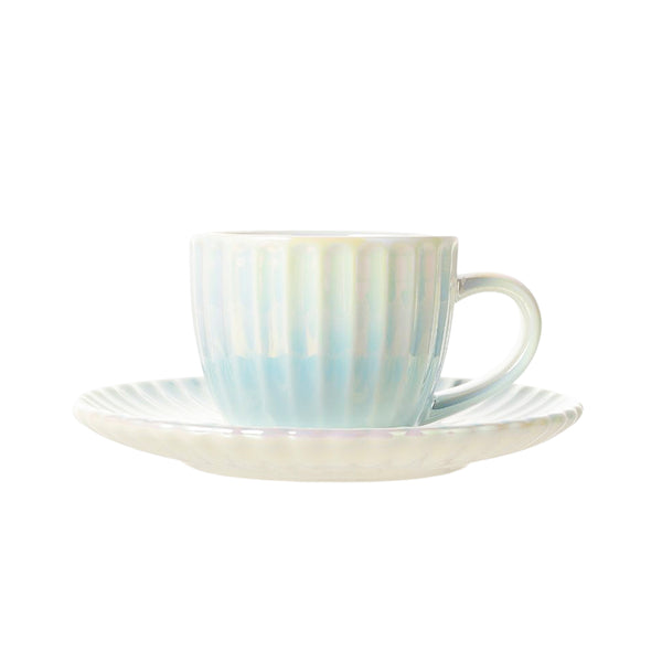 Iridescent Ribbed Coffee Cup with Saucer (160mL, Blue)