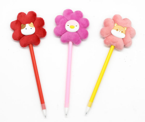 Mini Family Valentine's Day Series Plush Flower Ballpoint Pen (0.7mm, Black Ink) (3 Assorted Models: Pen Pen, Cat, Shiba Inu)