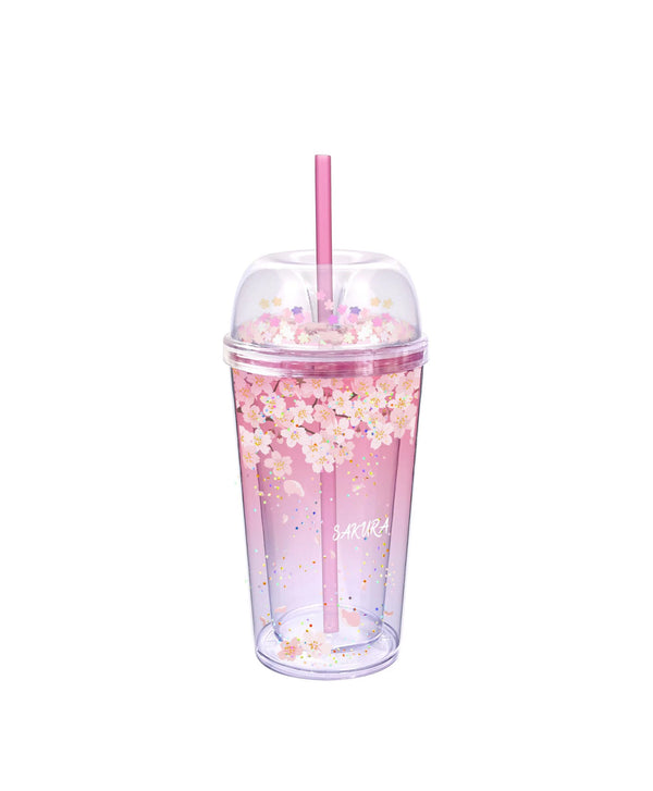 Sakura Blossom Series Double Wall Plastic Cool Water Bottle with Straw (420mL)