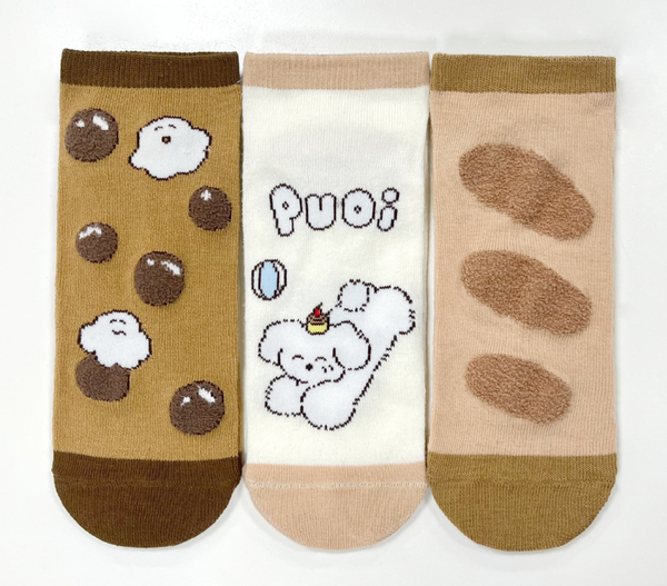 Guji Guji Bread Baking Series Ankle Socks (3 Pairs)(Off-white & Brown)