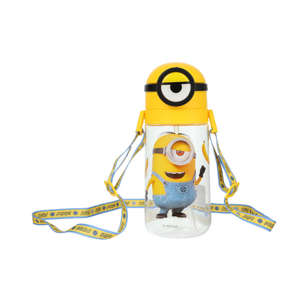 Minions Collection Plastic Water Bottle with Straw and Shoulder Strap (600mL, Yellow)