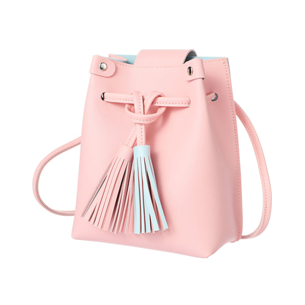 Pink Drawstring Closure Crossbody Bag with Tassel