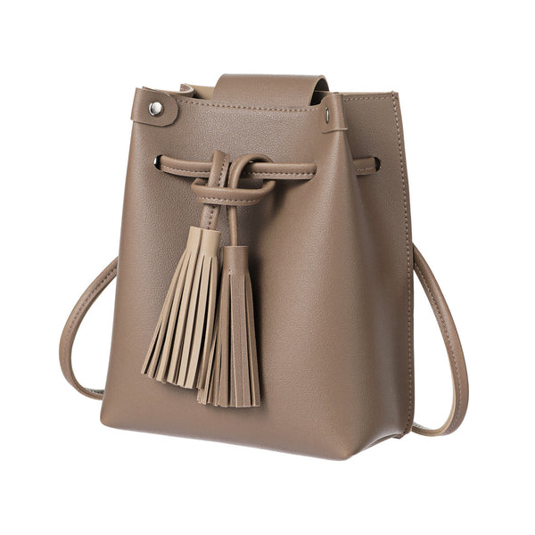 Drawstring Closure Crossbody Bag with Tassel (Brown)