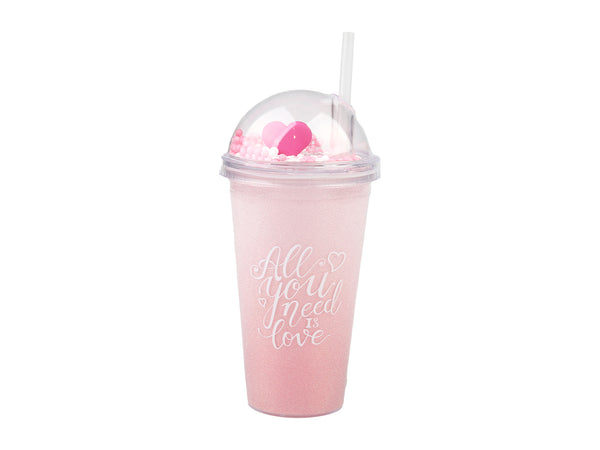 Pink Romance Series Double-Layer Straw Plastic Cup 460mL (Letter)