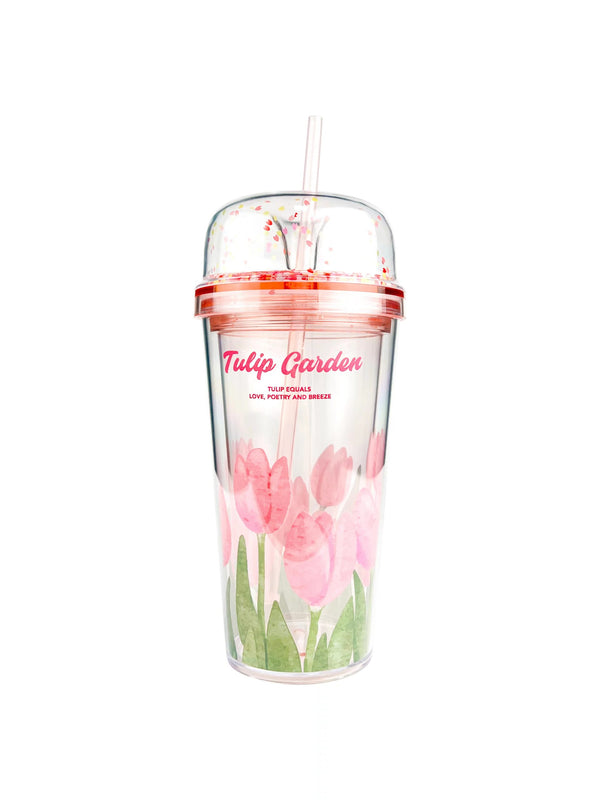 Tulip Garden Collection Double Wall Plastic Tumbler with Straw (480mL)