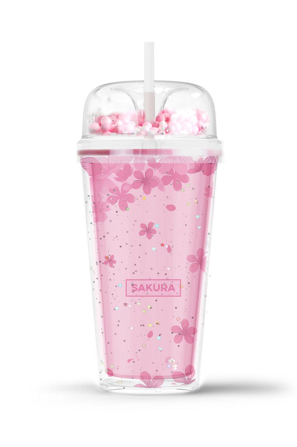 Blooming Night Collection Double Wall Plastic Tumbler with Straw (480mL)(Pink)