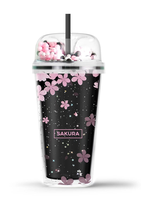 Blooming Night Collection Double Wall Plastic Tumbler with Straw (480mL)(Black)