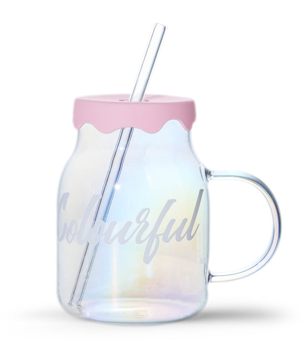 Holographic Series Glass Cup with Lid and Straw (520mL)