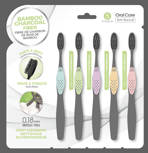 Soft Bristle Bamboo Charcoal Toothbrushes (5 Count)