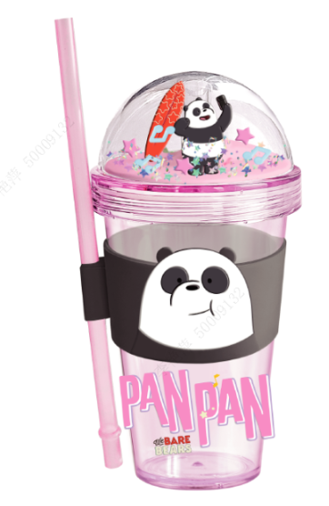 We Bare Bears Seaside Music Festival Glitter Plastic Bottle with Straw and Sleeve (420mL)(Panda)