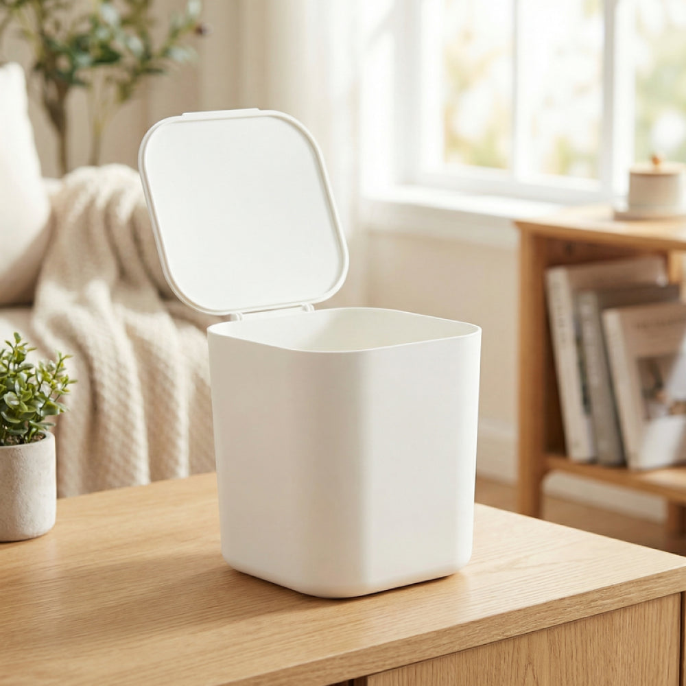 Minimalist Solid Color Desktop Flip Lid Trash Can(Beige)