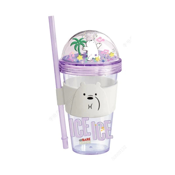 We Bare Bears Seaside Music Festival Glitter Plastic Bottle with Straw and Sleeve (420mL)(Ice Bear)